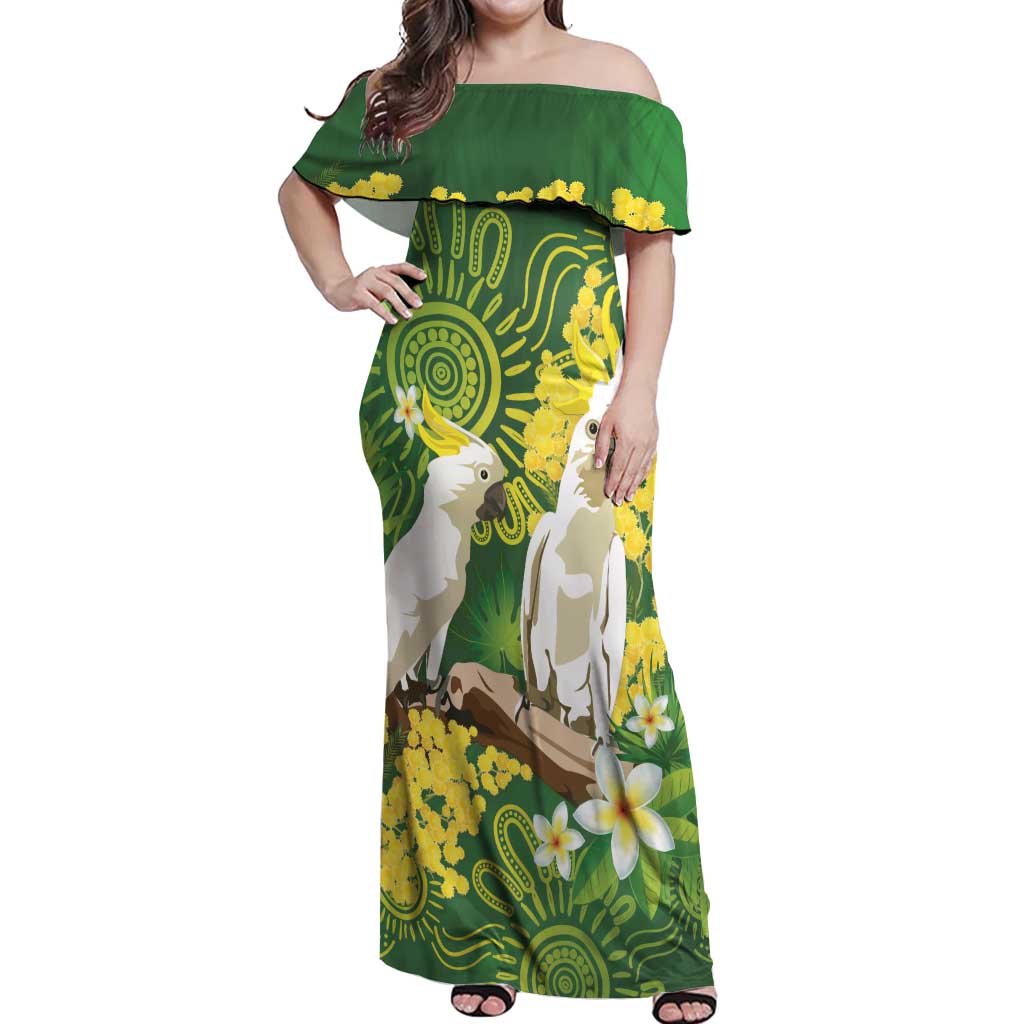 Personalised Australia Golden Wattle And Cacatua Galerita Off Shoulder Maxi Dress Aboriginal Art