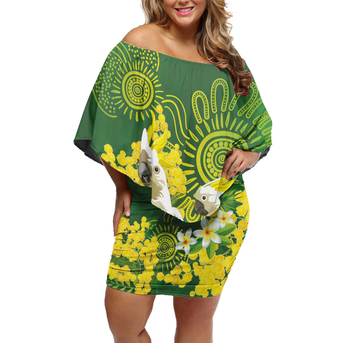 Personalised Australia Golden Wattle And Cacatua Galerita Off Shoulder Short Dress Aboriginal Art