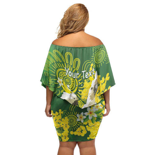 Personalised Australia Golden Wattle And Cacatua Galerita Off Shoulder Short Dress Aboriginal Art