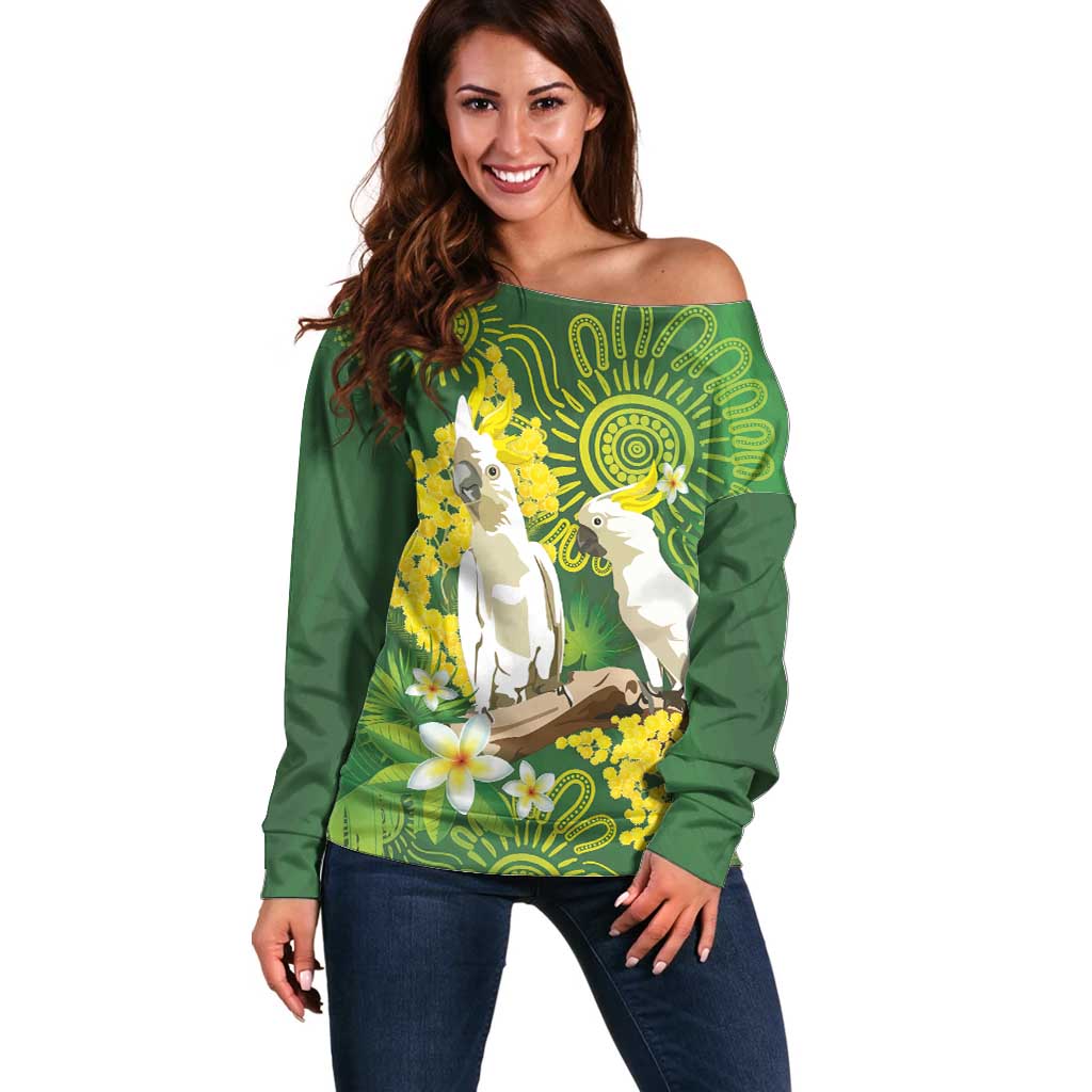 Personalised Australia Golden Wattle And Cacatua Galerita Off Shoulder Sweater Aboriginal Art