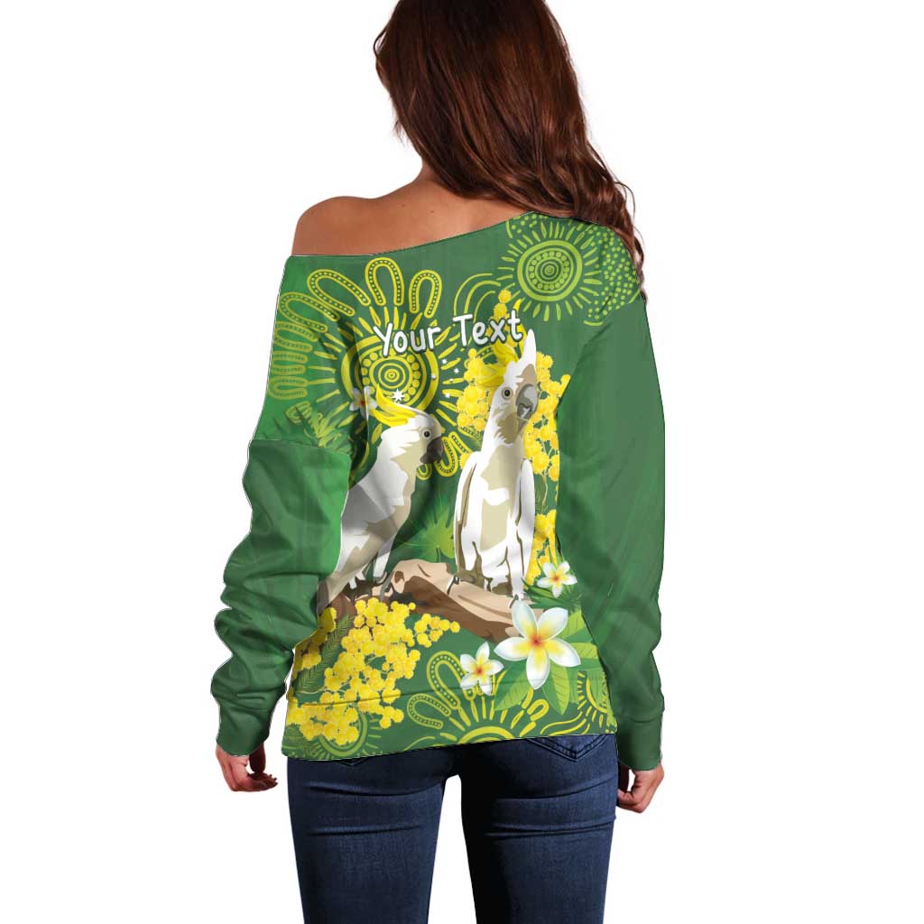 Personalised Australia Golden Wattle And Cacatua Galerita Off Shoulder Sweater Aboriginal Art