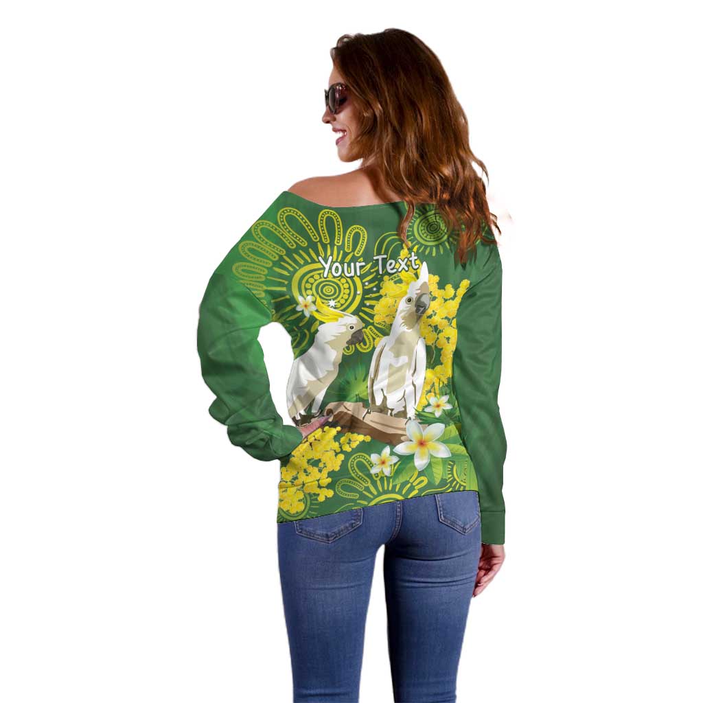 Personalised Australia Golden Wattle And Cacatua Galerita Off Shoulder Sweater Aboriginal Art