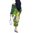 Personalised Australia Golden Wattle And Cacatua Galerita Off The Shoulder Long Sleeve Dress Aboriginal Art