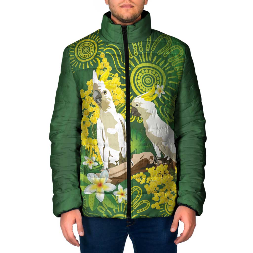 Personalised Australia Golden Wattle And Cacatua Galerita Padded Jacket Aboriginal Art - Aussie Hoodie