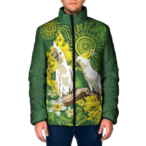 Personalised Australia Golden Wattle And Cacatua Galerita Padded Jacket Aboriginal Art - Aussie Hoodie