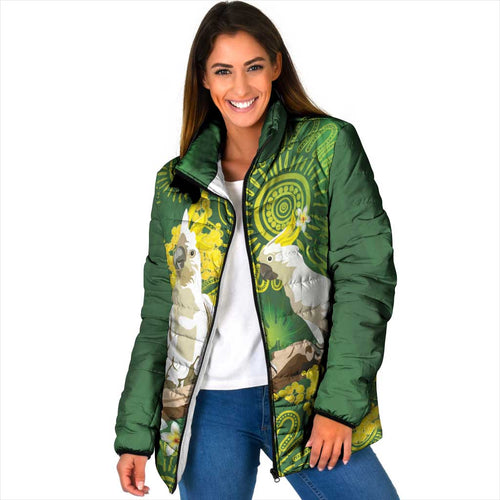 Personalised Australia Golden Wattle And Cacatua Galerita Padded Jacket Aboriginal Art - Aussie Hoodie