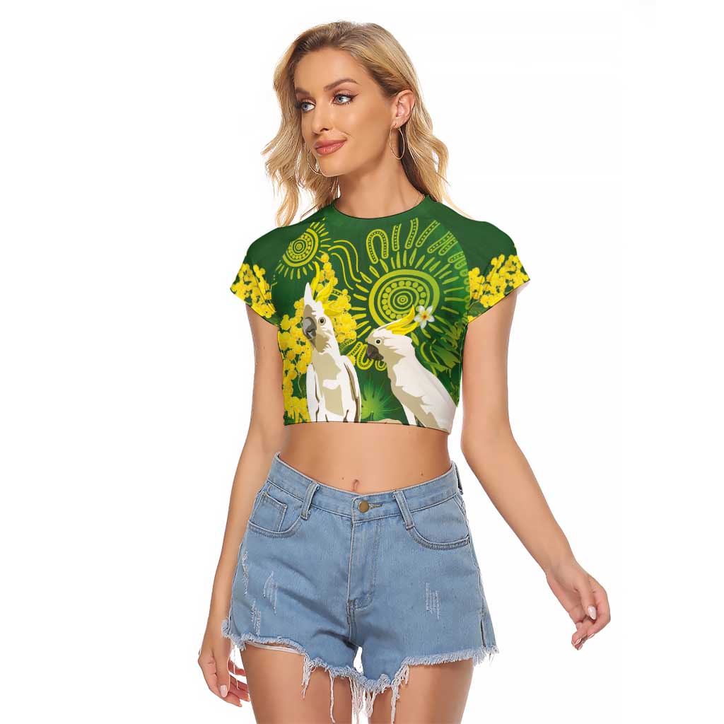 Personalised Australia Golden Wattle And Cacatua Galerita Raglan Cropped T Shirt Aboriginal Art