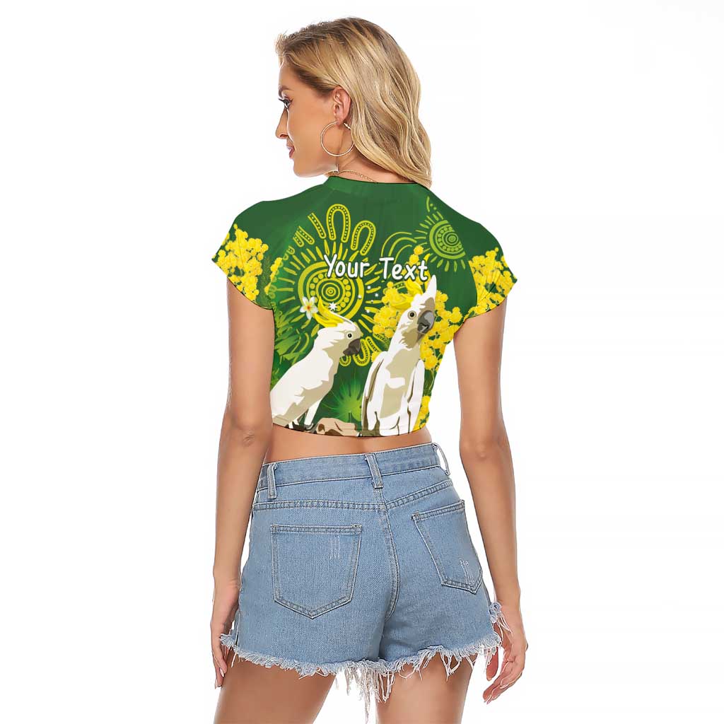 Personalised Australia Golden Wattle And Cacatua Galerita Raglan Cropped T Shirt Aboriginal Art