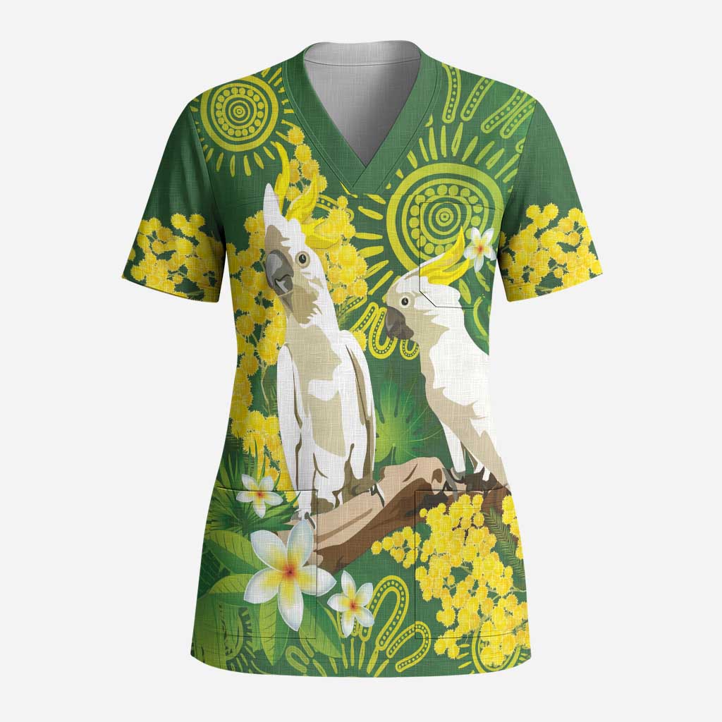 Personalised Australia Golden Wattle And Cacatua Galerita Scrub Top Aboriginal Art - Aussie Hoodie