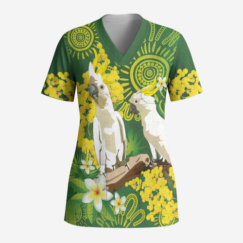 Personalised Australia Golden Wattle And Cacatua Galerita Scrub Top Aboriginal Art - Aussie Hoodie