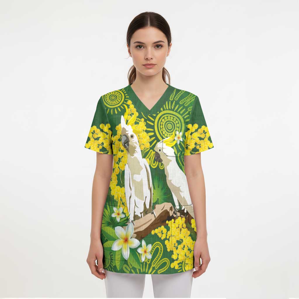 Personalised Australia Golden Wattle And Cacatua Galerita Scrub Top Aboriginal Art - Aussie Hoodie