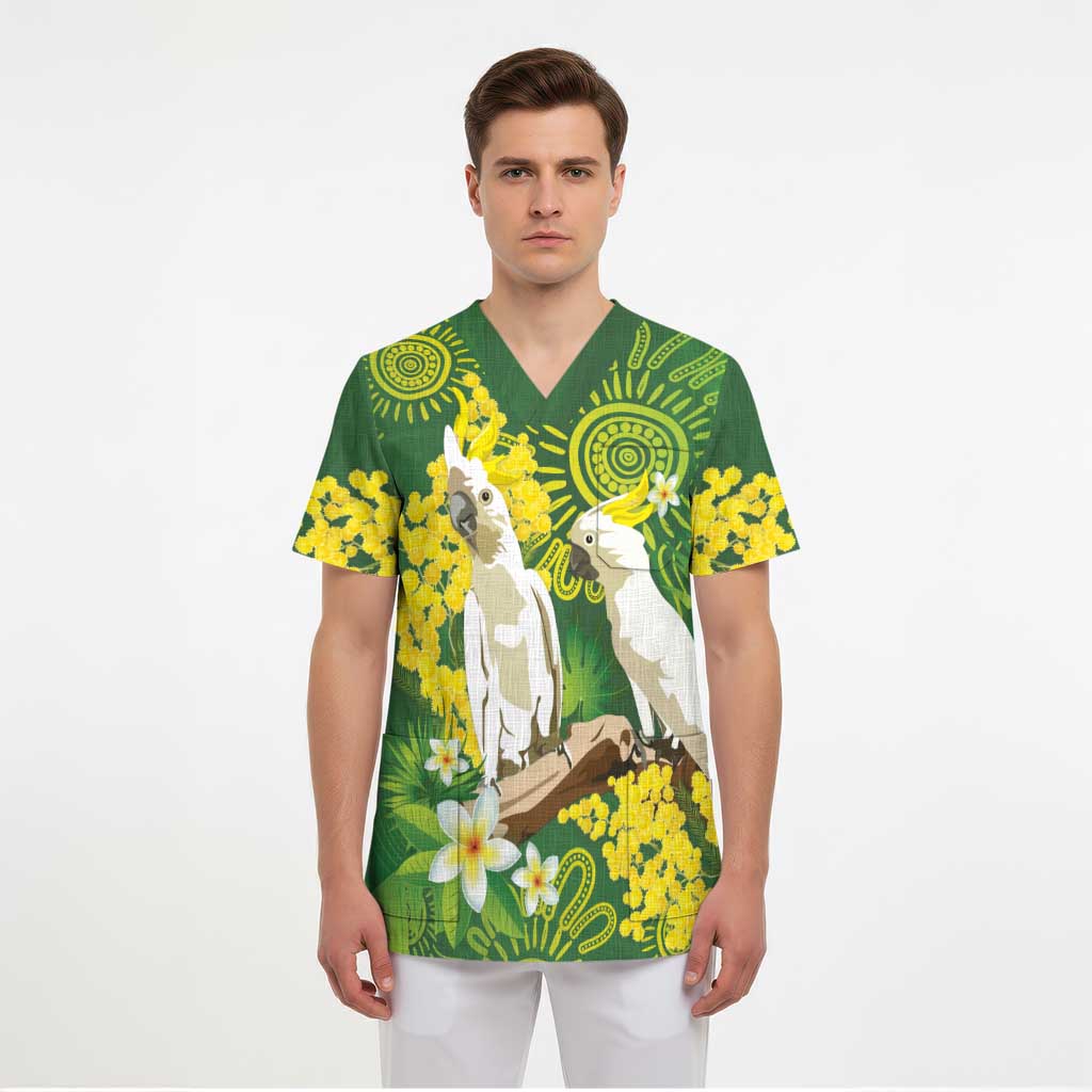 Personalised Australia Golden Wattle And Cacatua Galerita Scrub Top Aboriginal Art - Aussie Hoodie