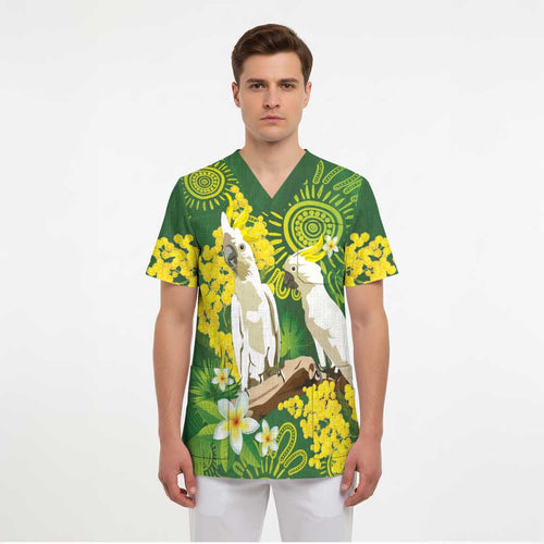 Personalised Australia Golden Wattle And Cacatua Galerita Scrub Top Aboriginal Art - Aussie Hoodie