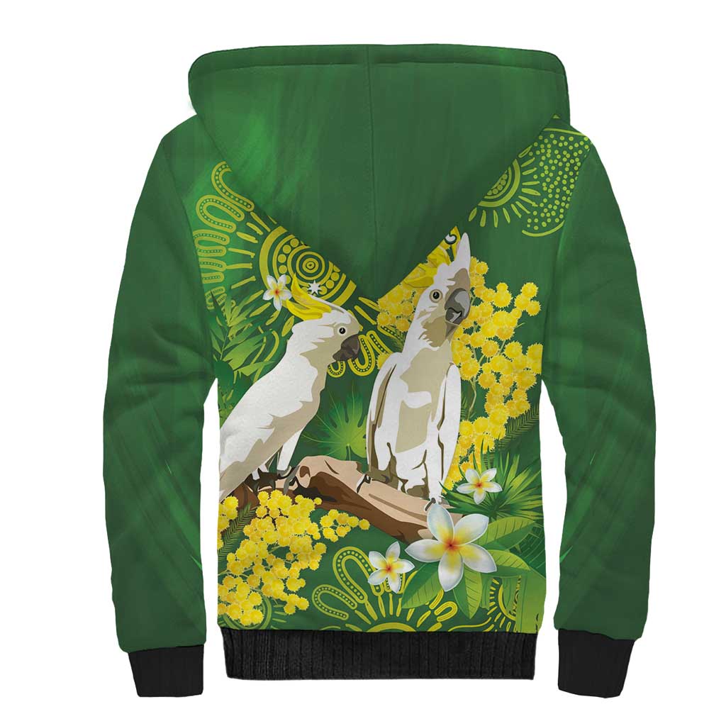 Personalised Australia Golden Wattle And Cacatua Galerita Sherpa Hoodie Aboriginal Art