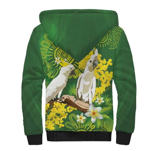 Personalised Australia Golden Wattle And Cacatua Galerita Sherpa Hoodie Aboriginal Art
