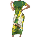 Personalised Australia Golden Wattle And Cacatua Galerita Short Sleeve Bodycon Dress Aboriginal Art
