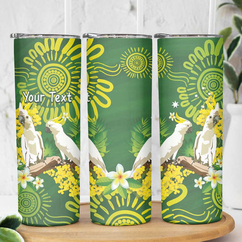 Personalised Australia Golden Wattle With Cacatua Galerita Skinny Tumbler Aboriginal Art