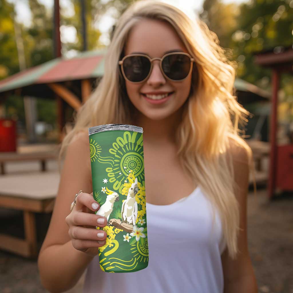 Personalised Australia Golden Wattle With Cacatua Galerita Skinny Tumbler Aboriginal Art