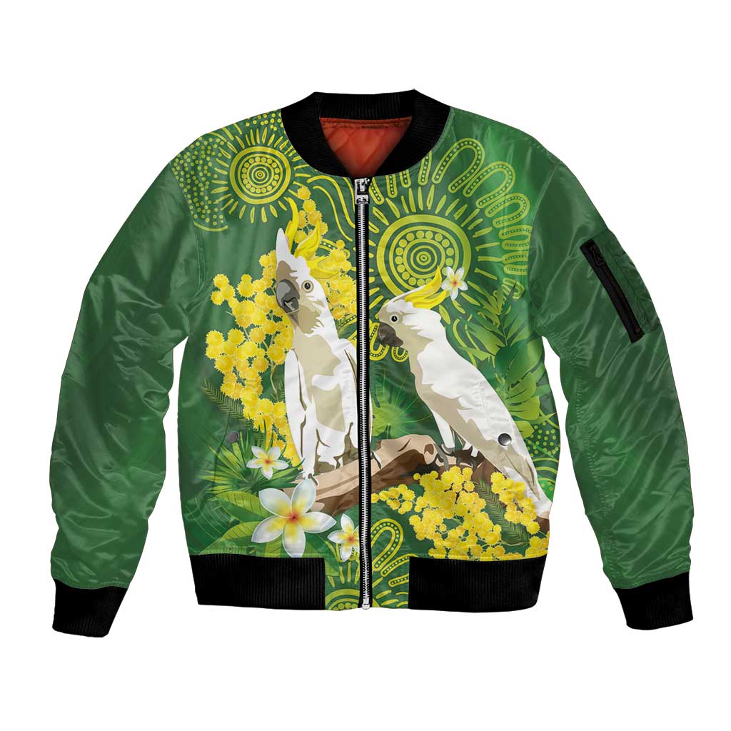 Personalised Australia Golden Wattle And Cacatua Galerita Sleeve Zip Bomber Jacket Aboriginal Art