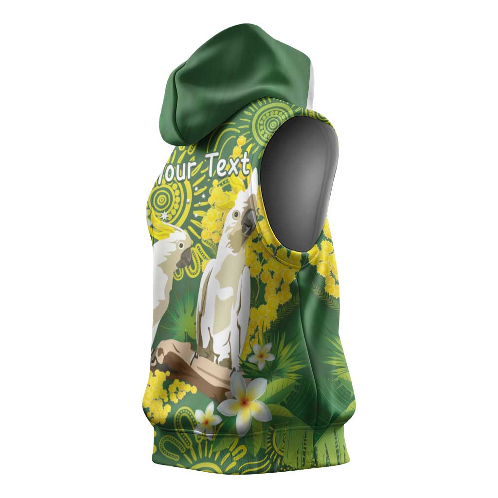 Personalised Australia Golden Wattle And Cacatua Galerita Sleeveless Hoodie Aboriginal Art - Aussie Hoodie