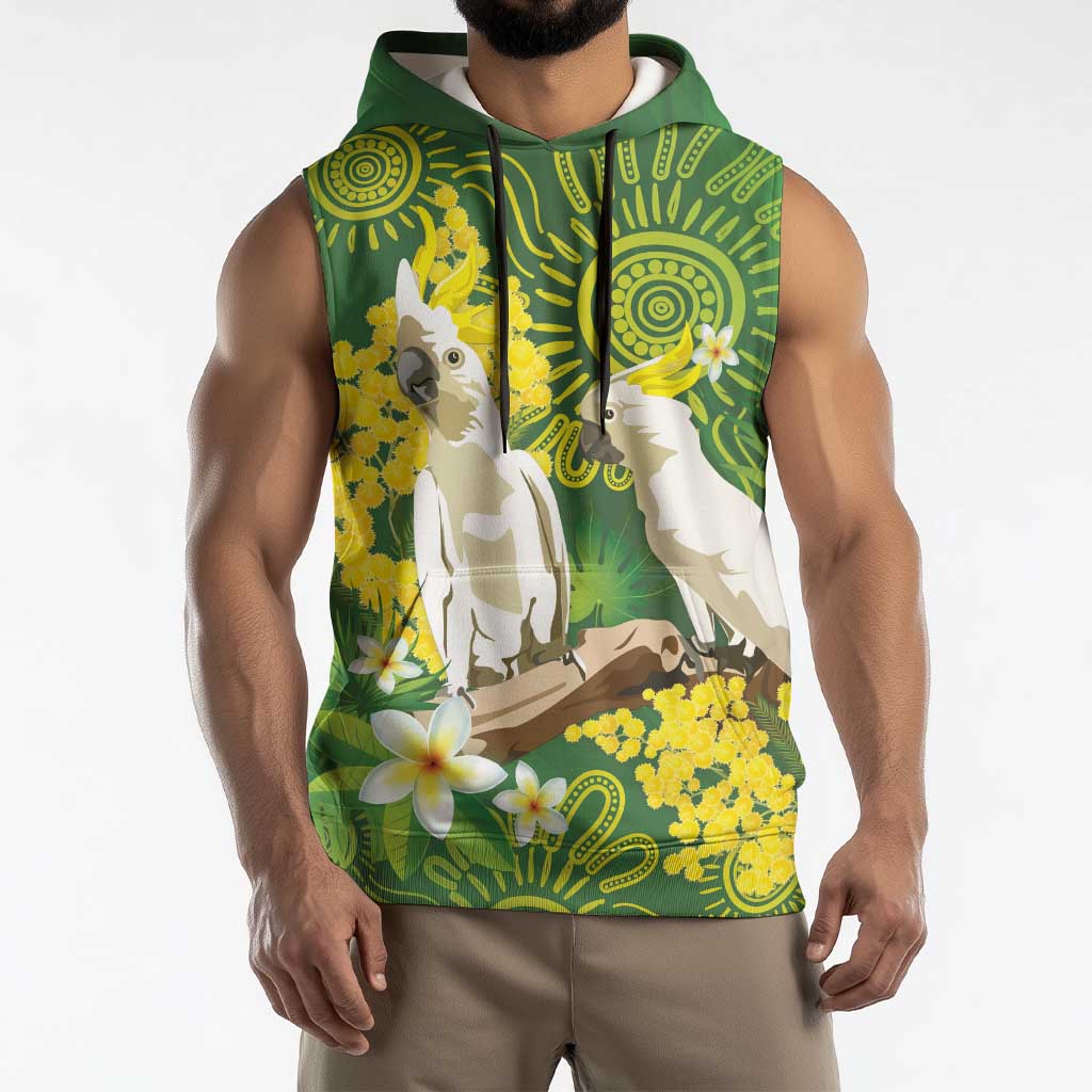 Personalised Australia Golden Wattle And Cacatua Galerita Sleeveless Hoodie Aboriginal Art - Aussie Hoodie