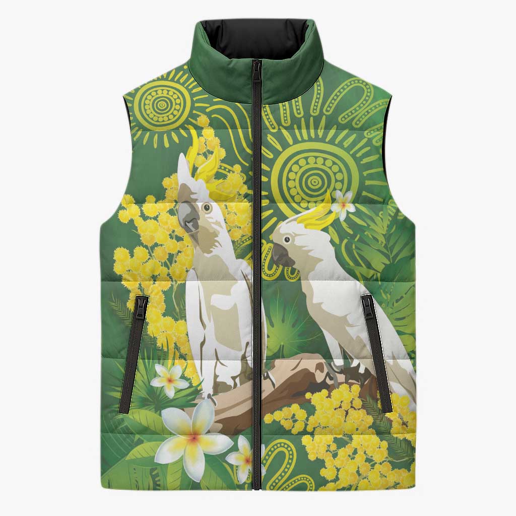 Personalised Australia Golden Wattle And Cacatua Galerita Sleeveless Puffer Jacket Aboriginal Art - Aussie Hoodie