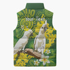 Personalised Australia Golden Wattle And Cacatua Galerita Sleeveless Puffer Jacket Aboriginal Art - Aussie Hoodie
