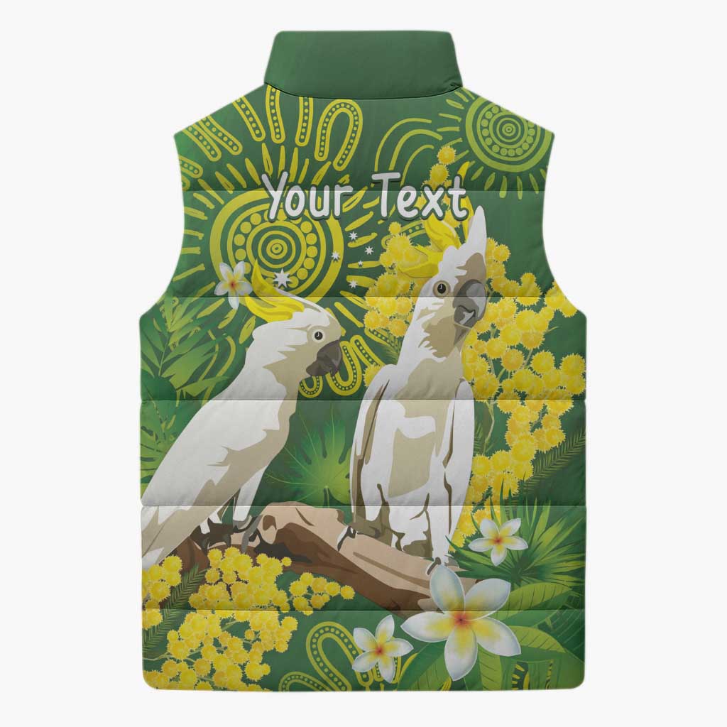 Personalised Australia Golden Wattle And Cacatua Galerita Sleeveless Puffer Jacket Aboriginal Art - Aussie Hoodie