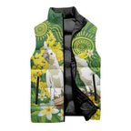 Personalised Australia Golden Wattle And Cacatua Galerita Sleeveless Puffer Jacket Aboriginal Art - Aussie Hoodie