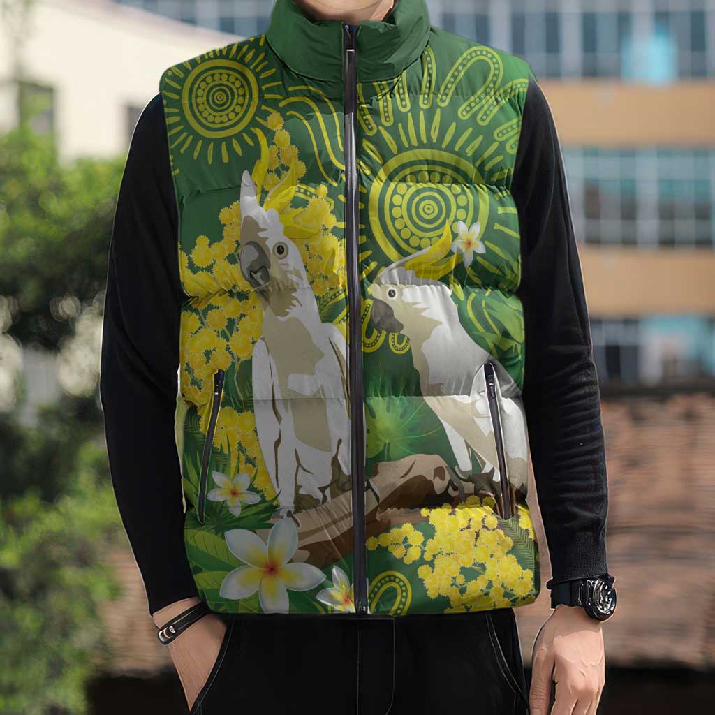 Personalised Australia Golden Wattle And Cacatua Galerita Sleeveless Puffer Jacket Aboriginal Art - Aussie Hoodie