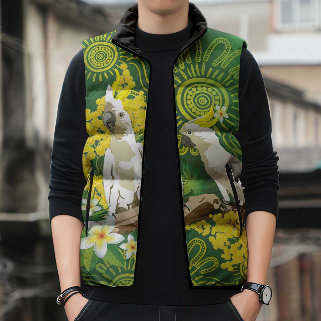 Personalised Australia Golden Wattle And Cacatua Galerita Sleeveless Puffer Jacket Aboriginal Art - Aussie Hoodie