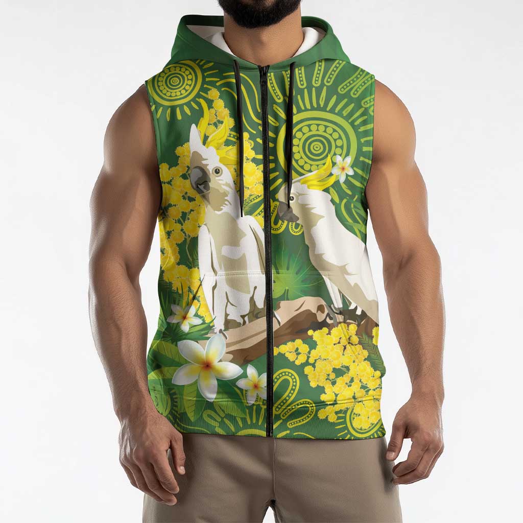 Personalised Australia Golden Wattle And Cacatua Galerita Sleeveless Zip Hoodie Aboriginal Art LT14