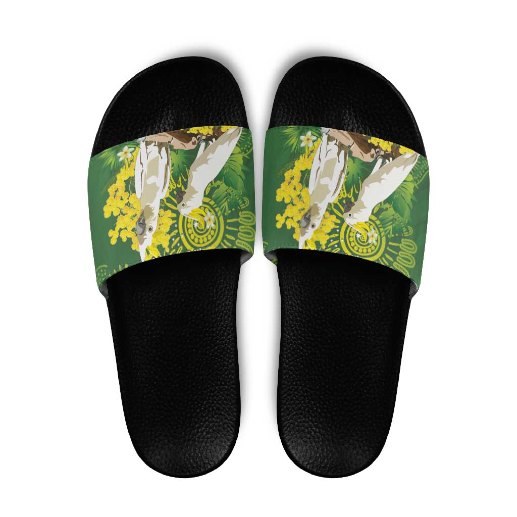 Personalised Australia Golden Wattle And Cacatua Galerita Slide Sandals Aboriginal Art - Aussie Hoodie
