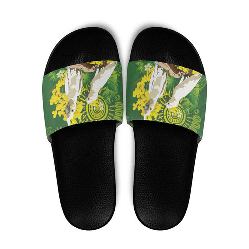 Personalised Australia Golden Wattle And Cacatua Galerita Slide Sandals Aboriginal Art - Aussie Hoodie