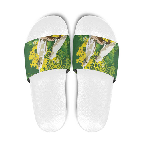 Personalised Australia Golden Wattle And Cacatua Galerita Slide Sandals Aboriginal Art - Aussie Hoodie