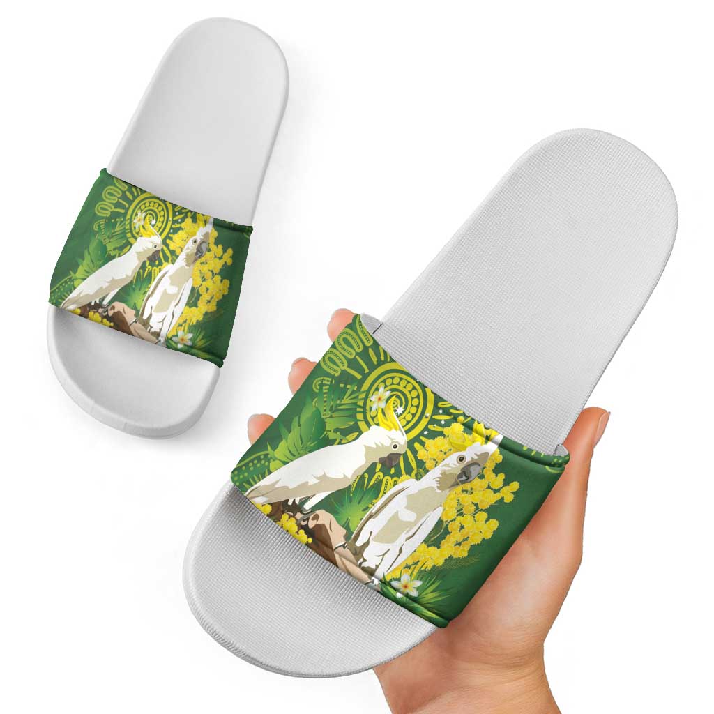 Personalised Australia Golden Wattle And Cacatua Galerita Slide Sandals Aboriginal Art - Aussie Hoodie