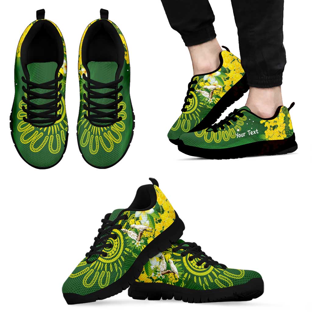 Personalised Australia Golden Wattle With Cacatua Galerita Sneakers Aboriginal Art