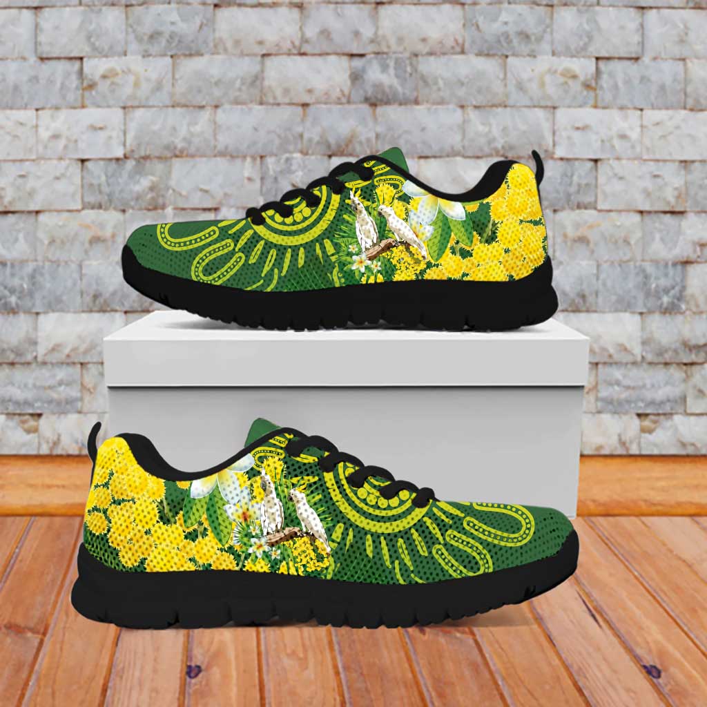 Personalised Australia Golden Wattle With Cacatua Galerita Sneakers Aboriginal Art