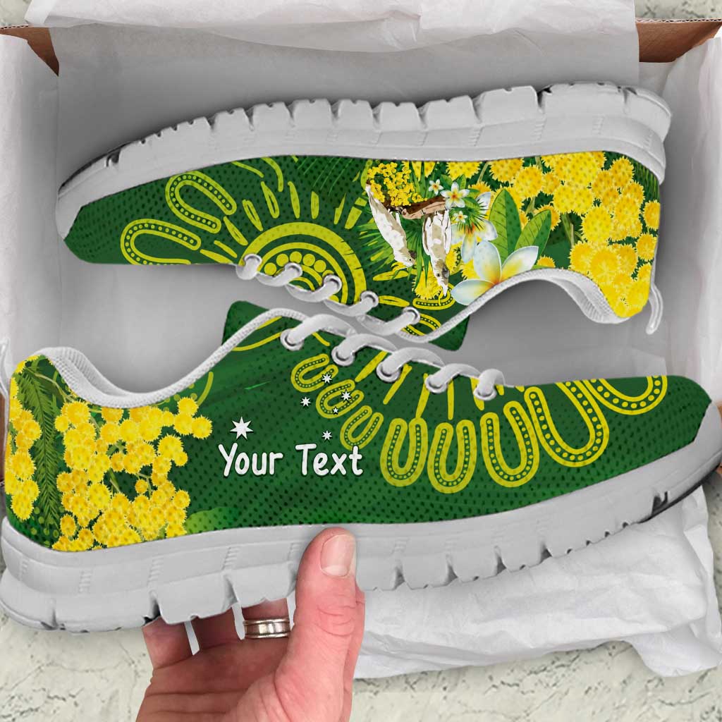 Personalised Australia Golden Wattle With Cacatua Galerita Sneakers Aboriginal Art