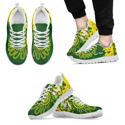Personalised Australia Golden Wattle With Cacatua Galerita Sneakers Aboriginal Art