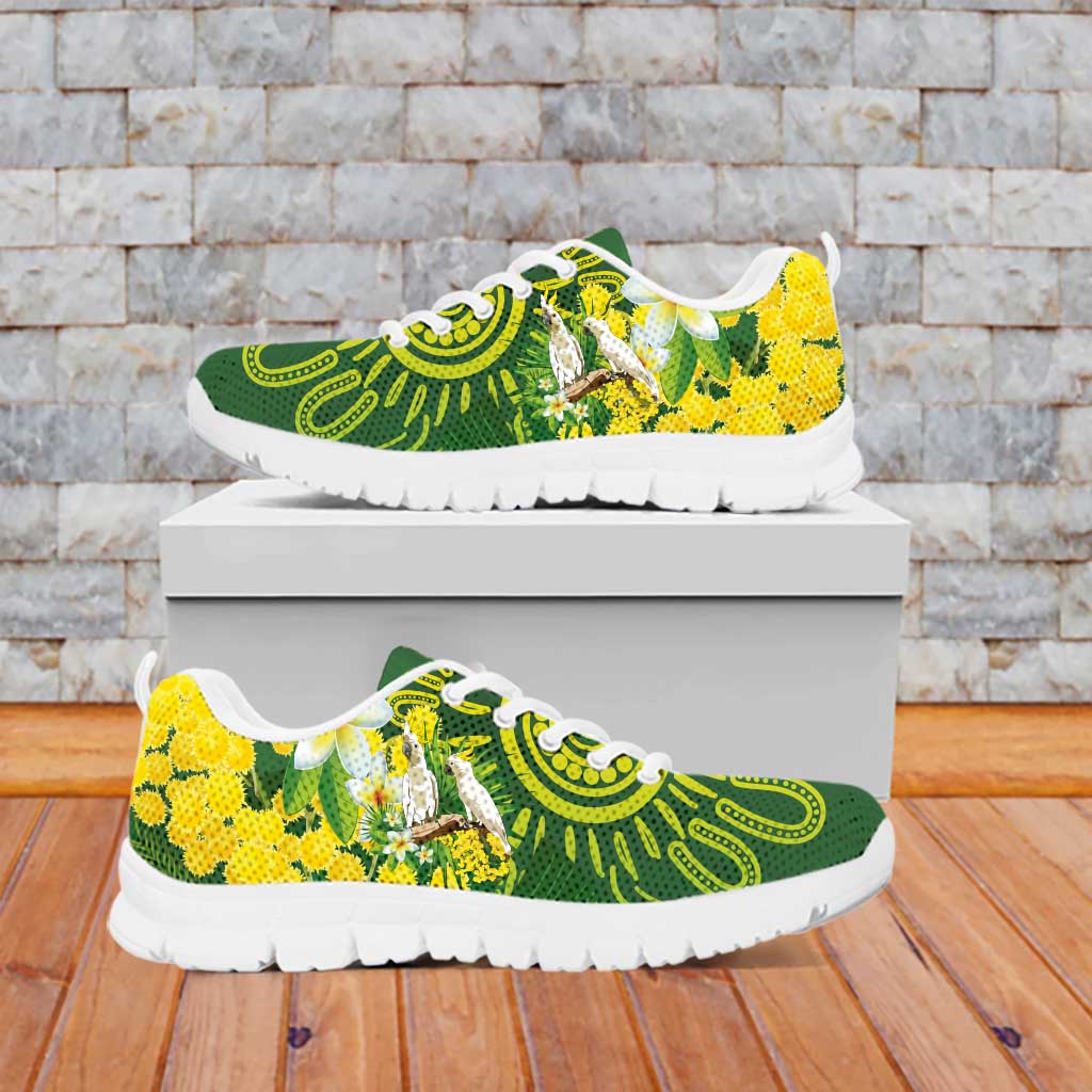 Personalised Australia Golden Wattle With Cacatua Galerita Sneakers Aboriginal Art