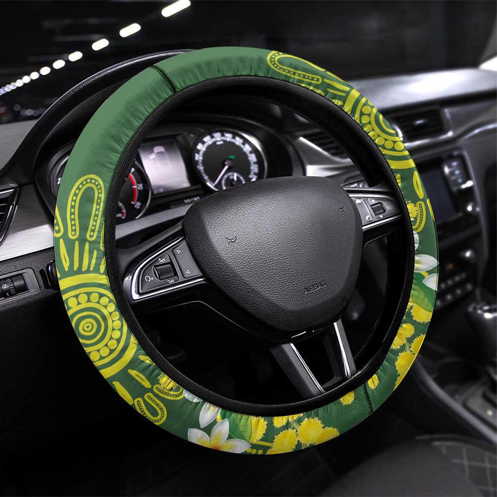 Australia Golden Wattle And Cacatua Galerita Steering Wheel Cover Aboriginal Art