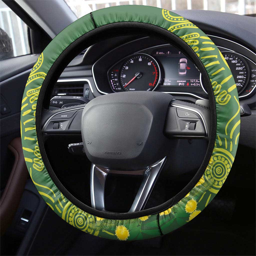 Australia Golden Wattle And Cacatua Galerita Steering Wheel Cover Aboriginal Art