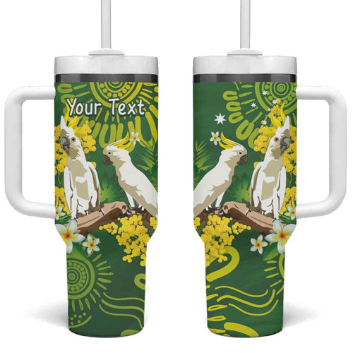 Personalised Australia Golden Wattle With Cacatua Galerita Tumbler With Handle Aboriginal Art