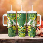 Personalised Australia Golden Wattle With Cacatua Galerita Tumbler With Handle Aboriginal Art