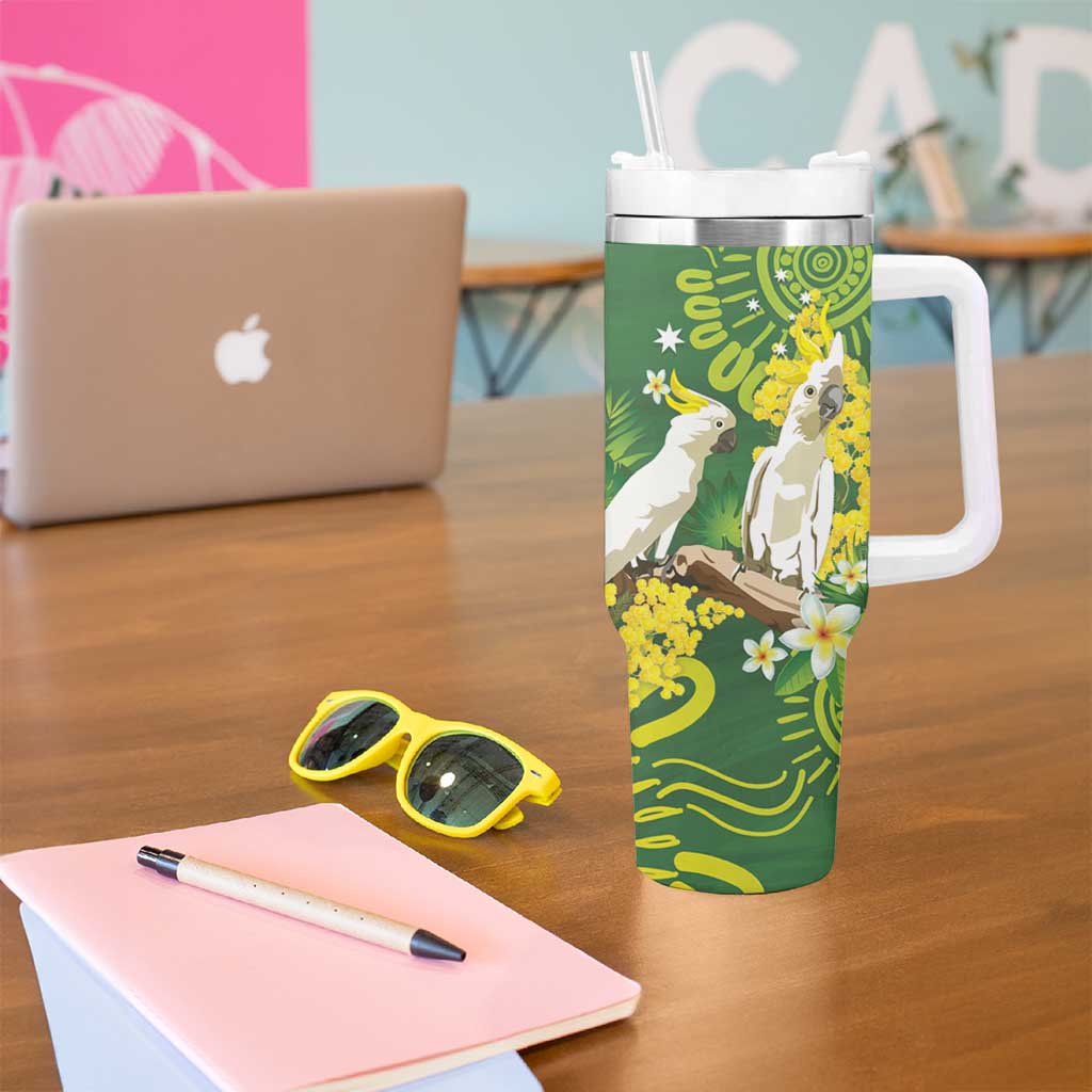 Personalised Australia Golden Wattle With Cacatua Galerita Tumbler With Handle Aboriginal Art