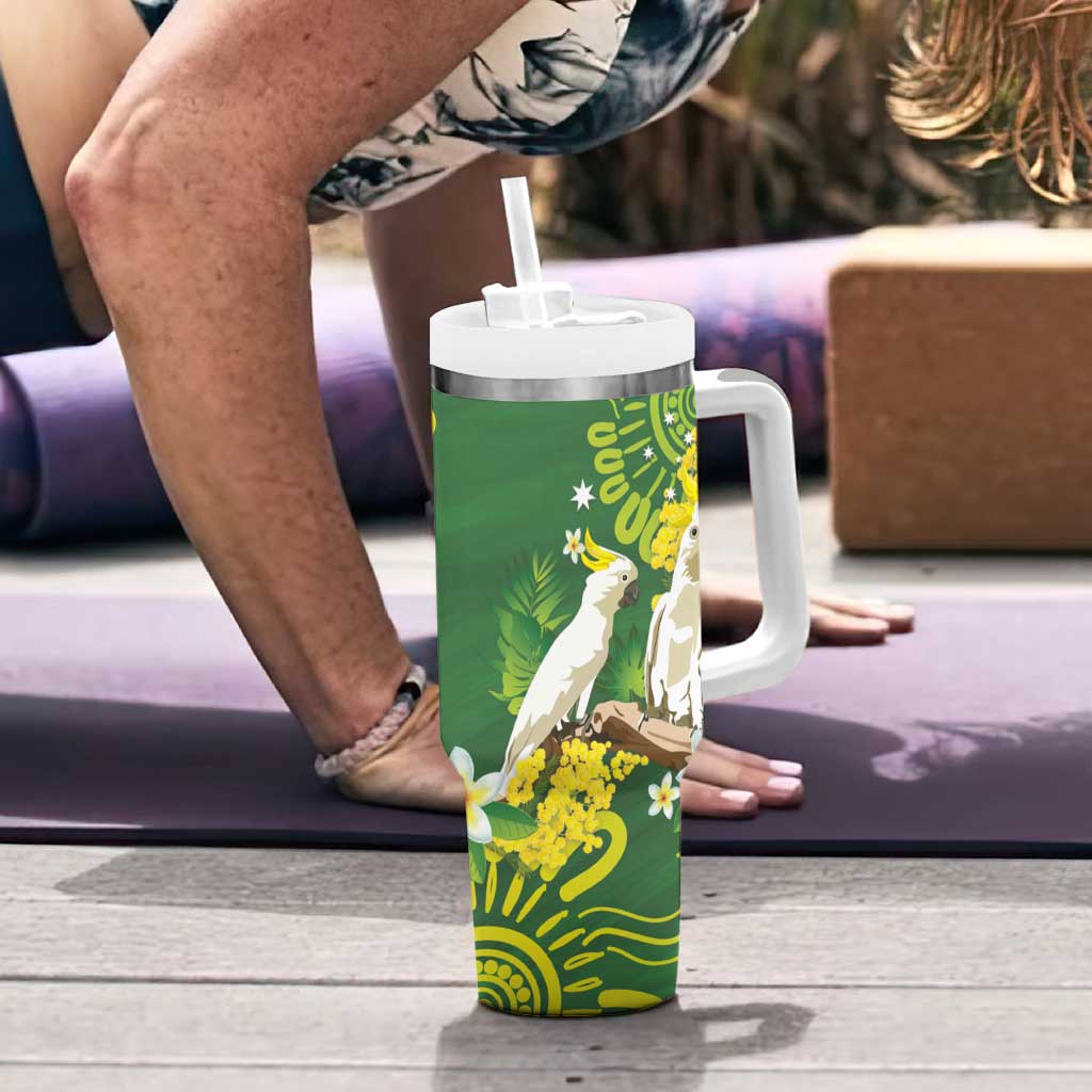 Personalised Australia Golden Wattle With Cacatua Galerita Tumbler With Handle Aboriginal Art