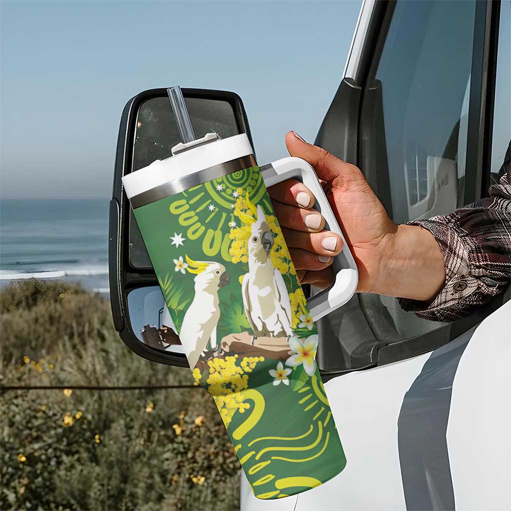 Personalised Australia Golden Wattle With Cacatua Galerita Tumbler With Handle Aboriginal Art