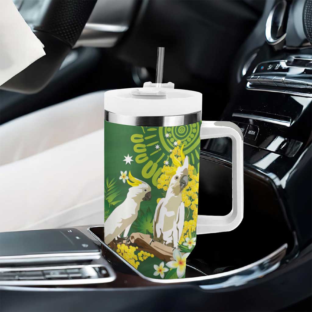 Personalised Australia Golden Wattle With Cacatua Galerita Tumbler With Handle Aboriginal Art