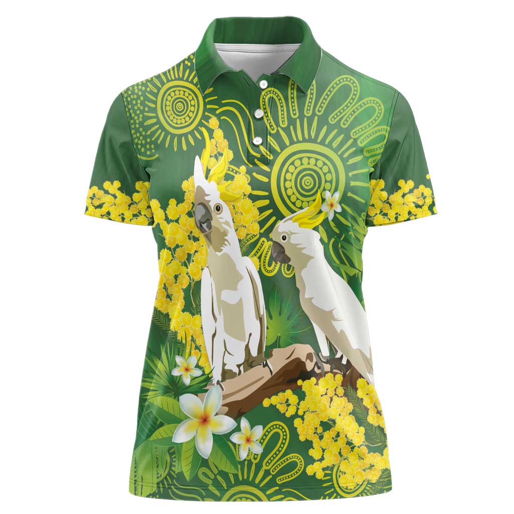 Personalised Australia Golden Wattle And Cacatua Galerita Women Polo Shirt Aboriginal Art